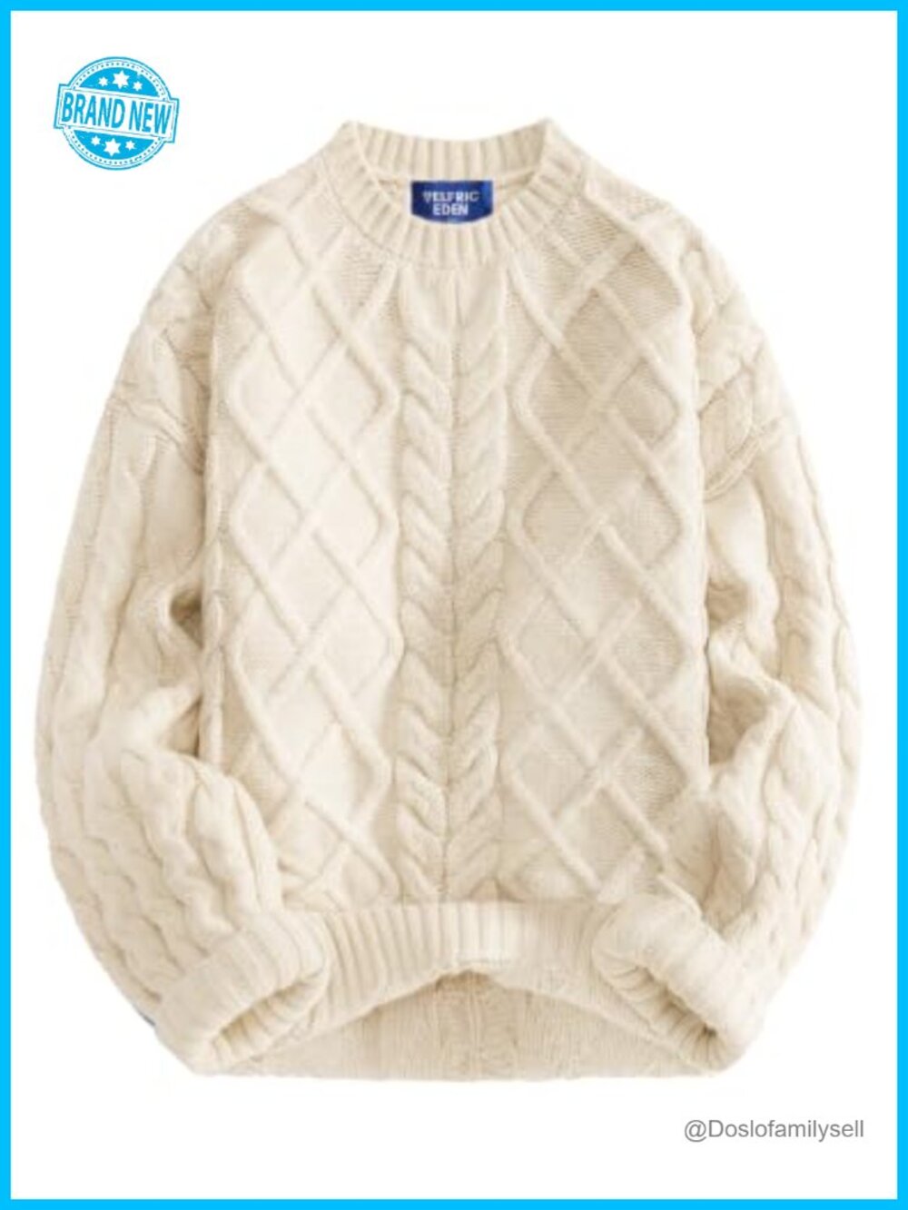 Oversized Cable Knit Crewneck Sweater Lantern Sleeve Chunky Pullover